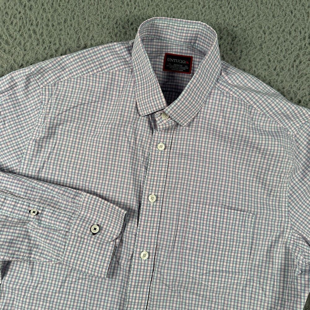UNTUCKit Performance Shirt Men's Medium Blue Pink Plaid Button Up Stretch